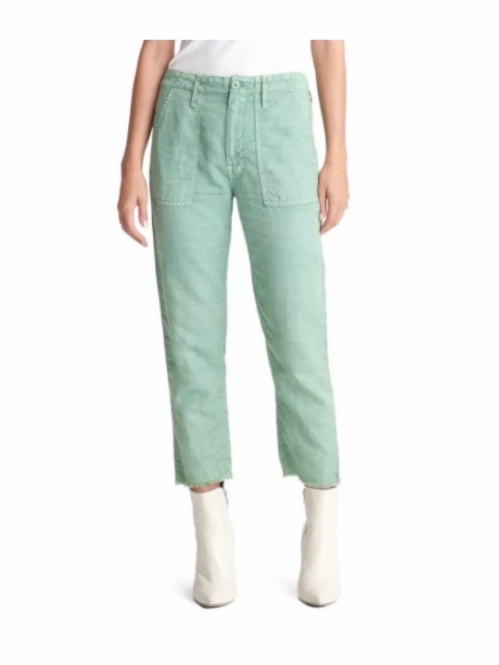 Mother The Shaker Chop Crop Pants Size 24 Hedge Green Distressed Raw Hem